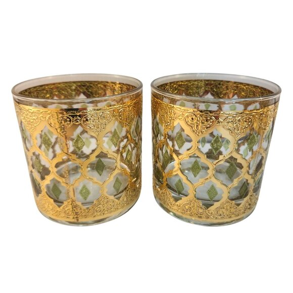 Set Of 2 Culver Valencia Old Fashioned Lowball Glasses 22k Gold Mid-Century Vint - Picture 1 of 9